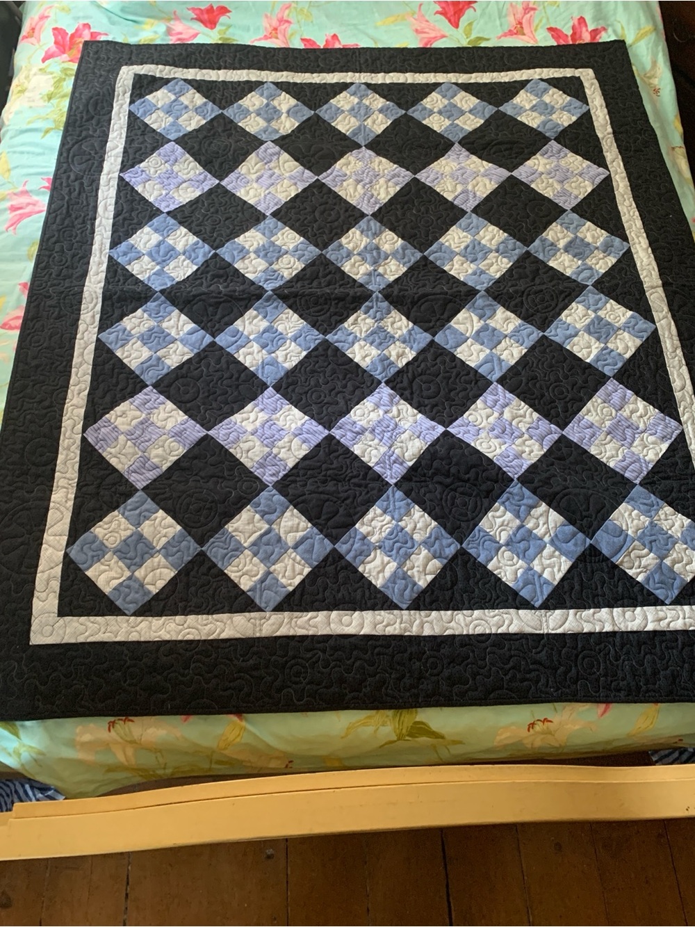 Handmade Quilt Blue/Grey/Black.